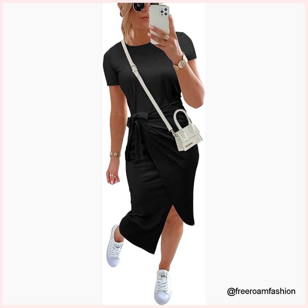 Sleeveless Striped Midi Dress Ruched Bodycon Tie Waist Summer Casual